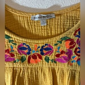 Yellow Boho Top with Floral Embroidery
